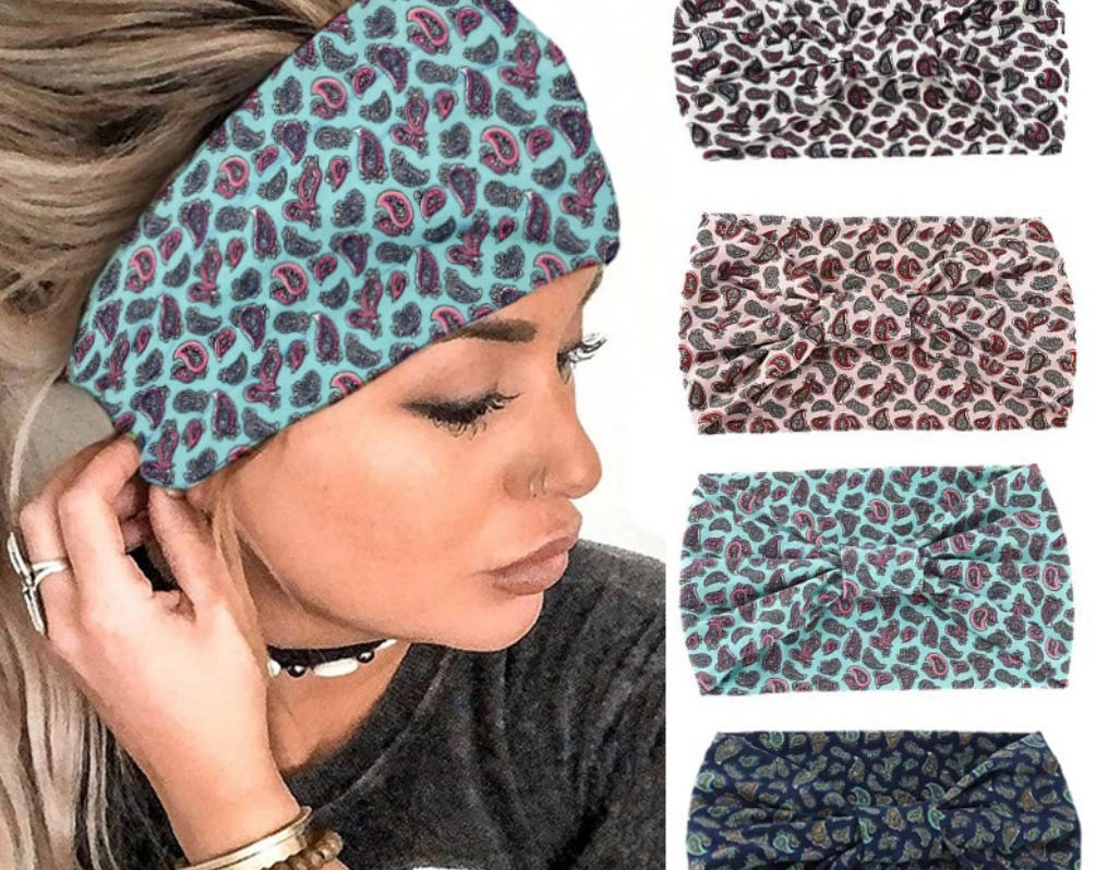 Fashion 4 Green Fabric-print Knotted Wide-brimmed Headband,Hair Ribbons