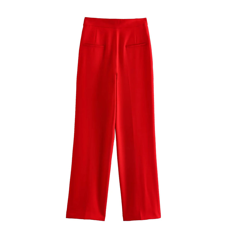 Fashion Red High Waist Trousers With Pockets,Pants