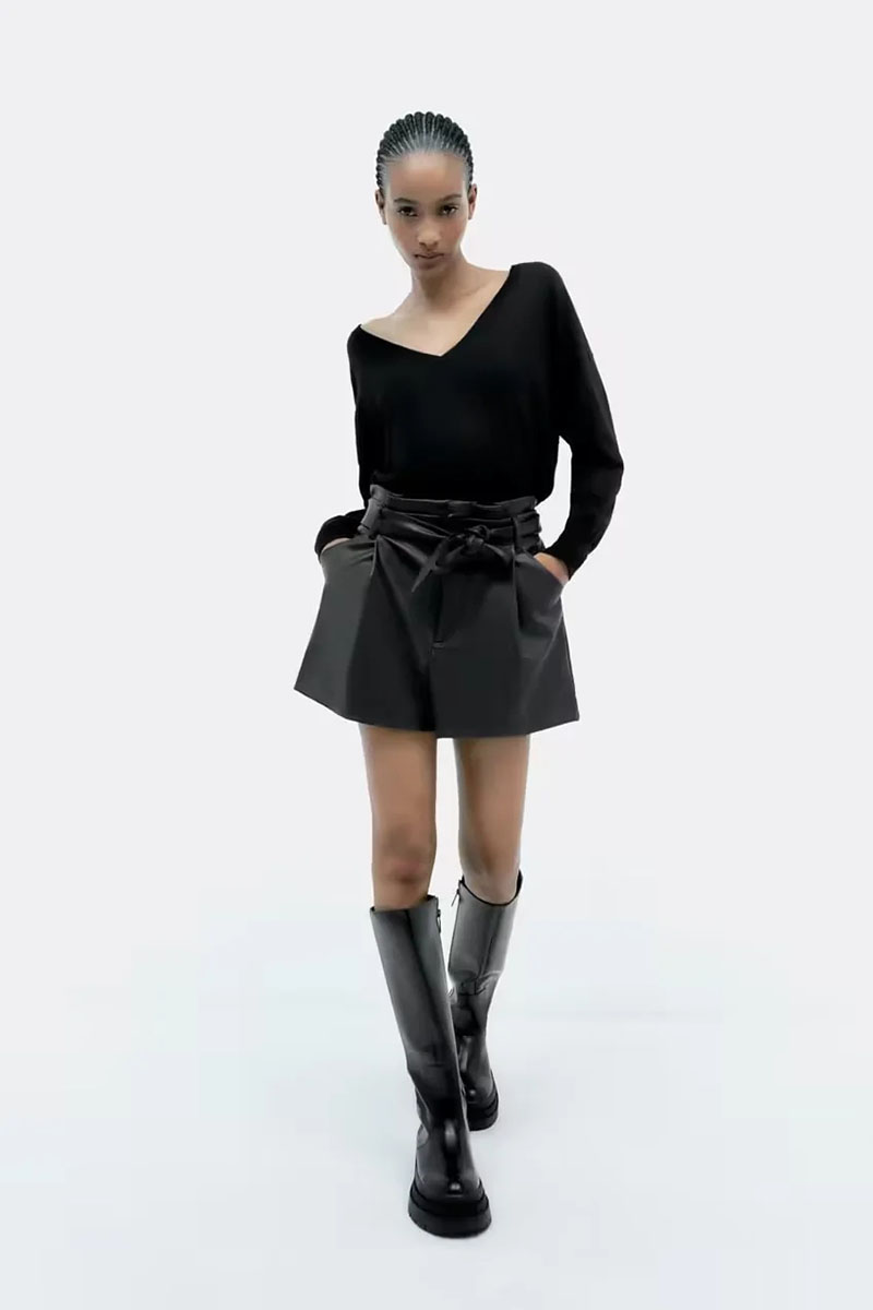 Fashion Black Faux Leather Lace-up Shorts,Shorts