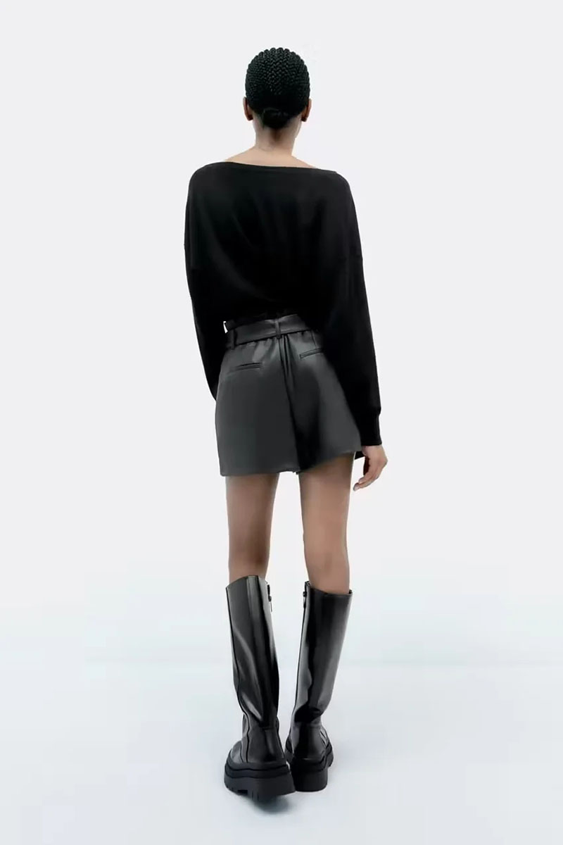 Fashion Black Faux Leather Lace-up Shorts,Shorts
