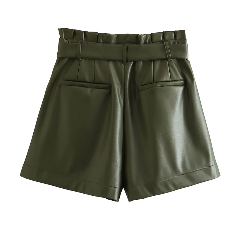 Fashion Green Faux Leather Lace-up Shorts,Shorts