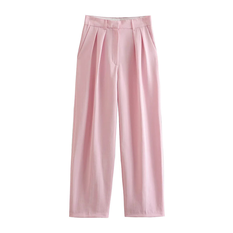 Fashion Pink Polyester Pleated Straight-leg Trousers,Pants