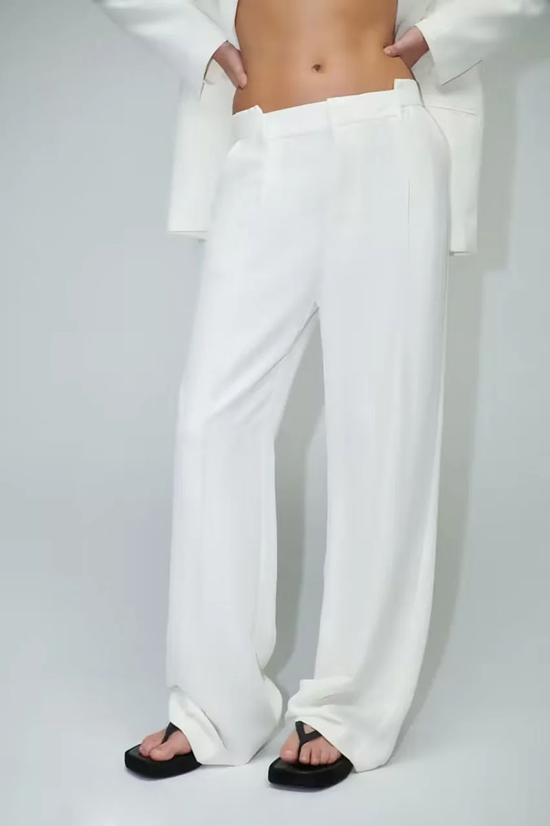 Fashion White Polyester Pleated Straight-leg Trousers,Pants