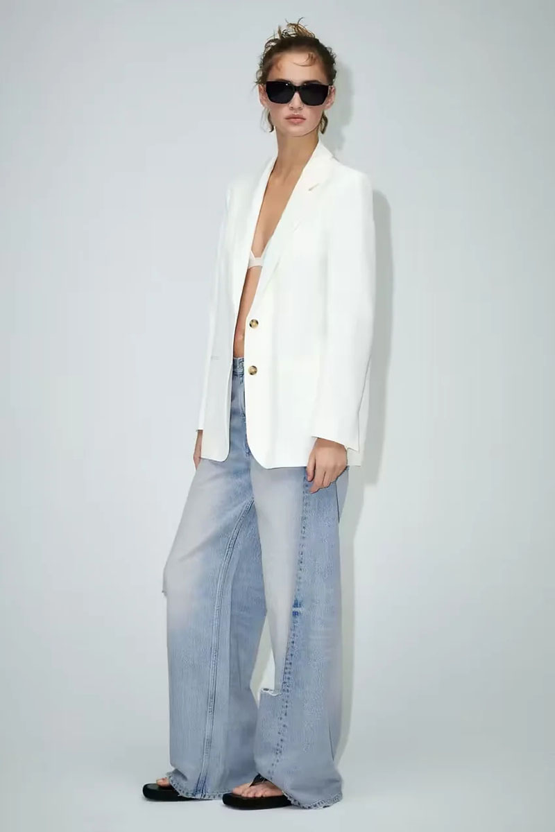 Fashion White Polyester Breasted Lapel Blazer,Coat-Jacket