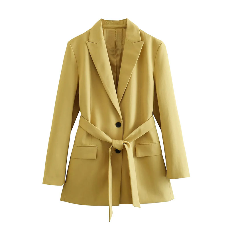 Fashion Yellow Polyester Tie-breasted Pocket-trimmed Blazer,Coat-Jacket