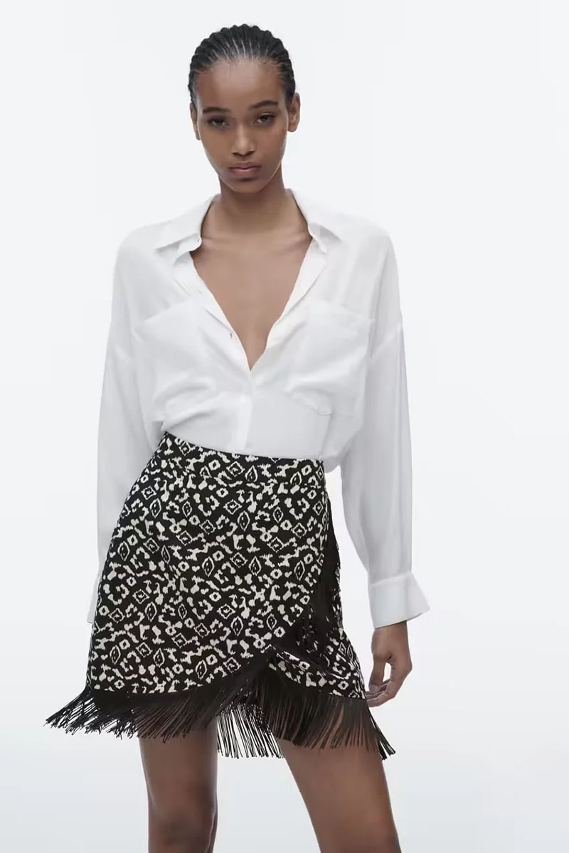 Fashion Black Polyester Printed Fringe Skirt,Skirts