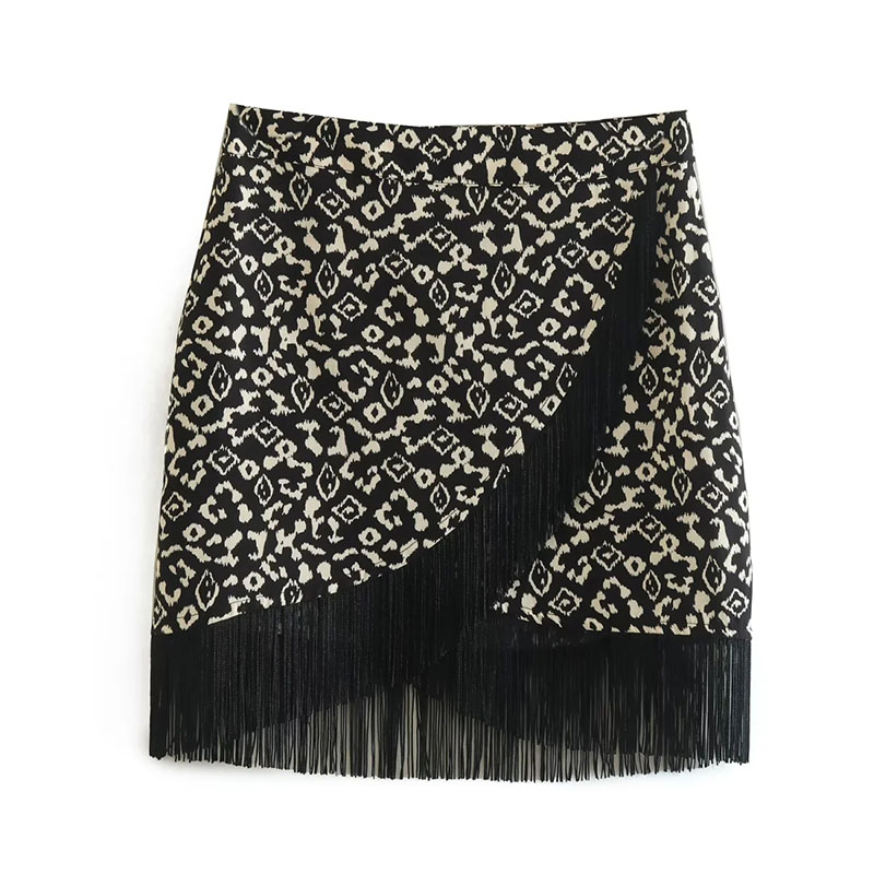 Fashion Black Polyester Printed Fringe Skirt,Skirts