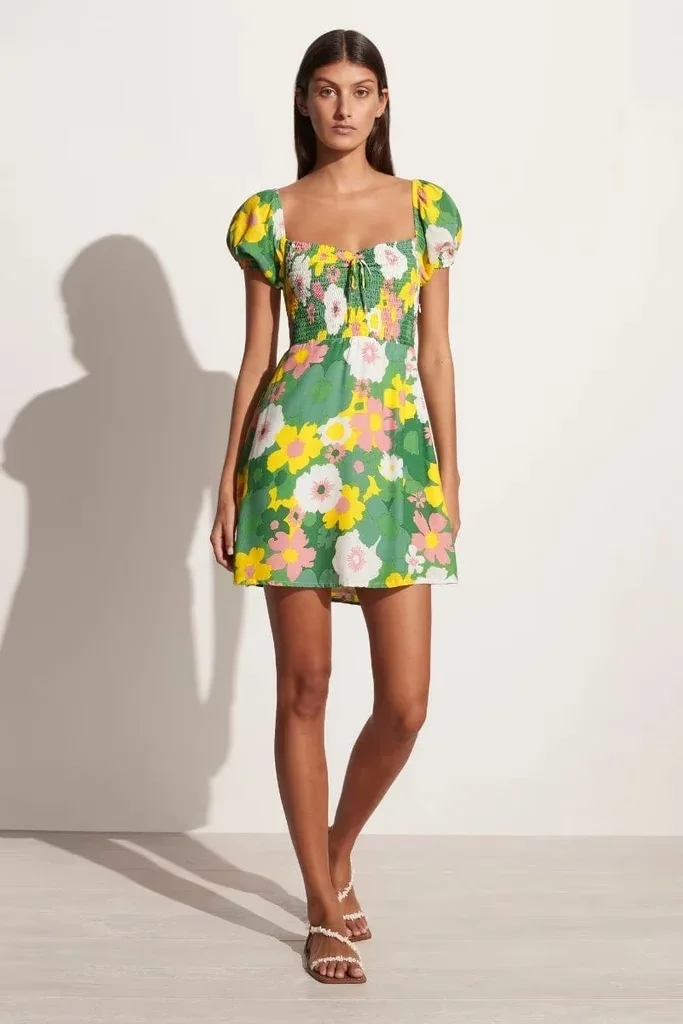 Fashion Color Polyester Printed Square Neck Puff Sleeve Dress,Mini & Short Dresses