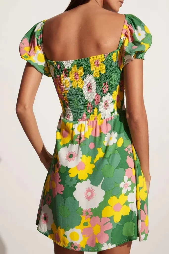 Fashion Color Polyester Printed Square Neck Puff Sleeve Dress,Mini & Short Dresses