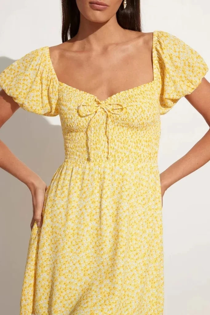 Fashion Yellow Polyester Square Neck Puff Sleeve Dress,Mini & Short Dresses