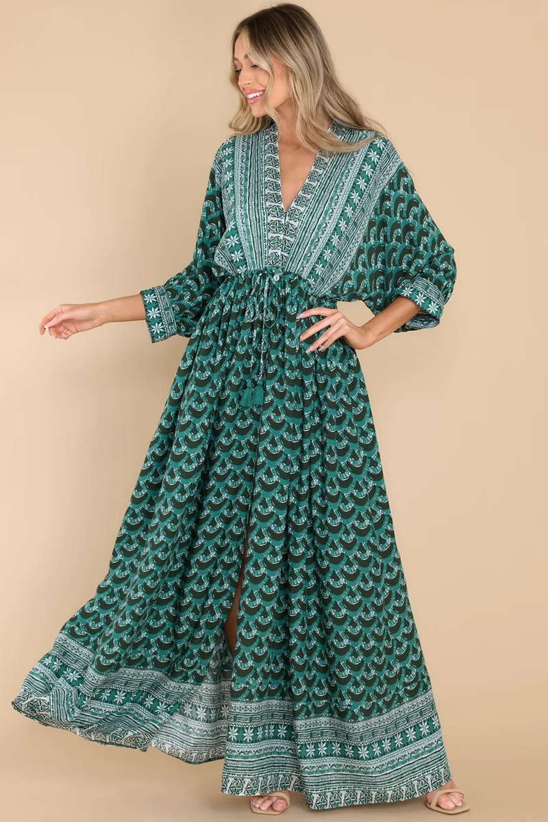 Fashion Green Polyester Printed V-neck Waist Dress,Long Dress