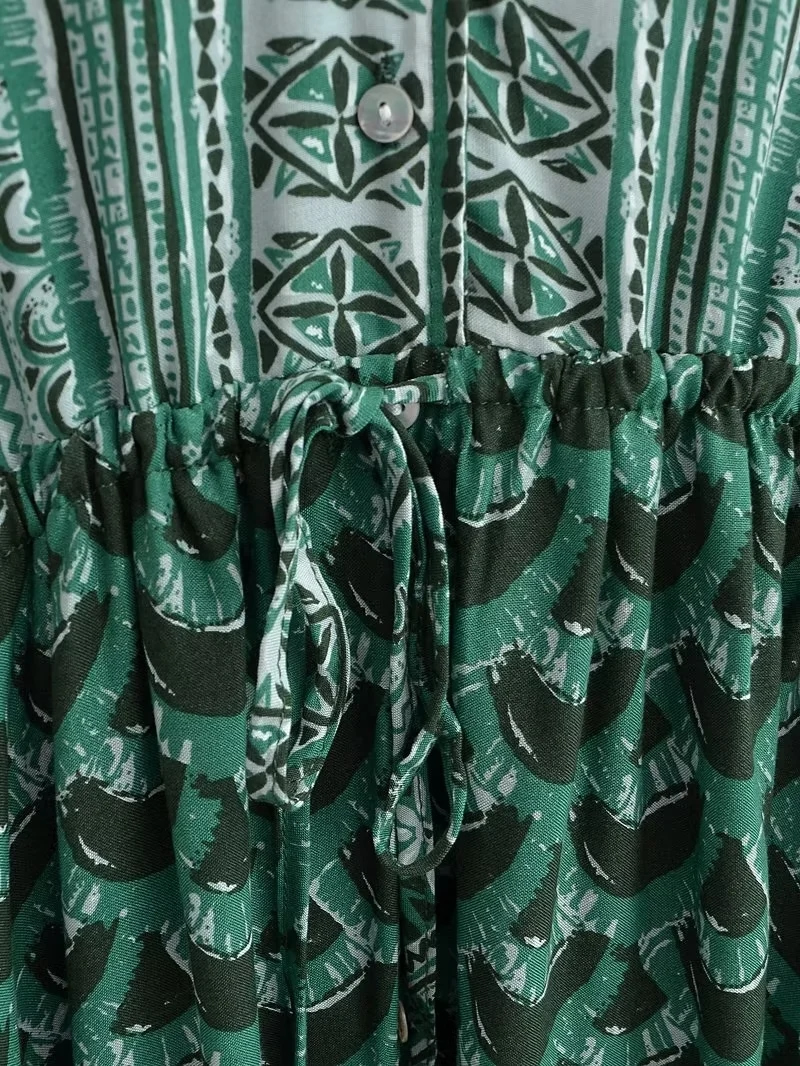 Fashion Green Polyester Printed V-neck Waist Dress,Long Dress