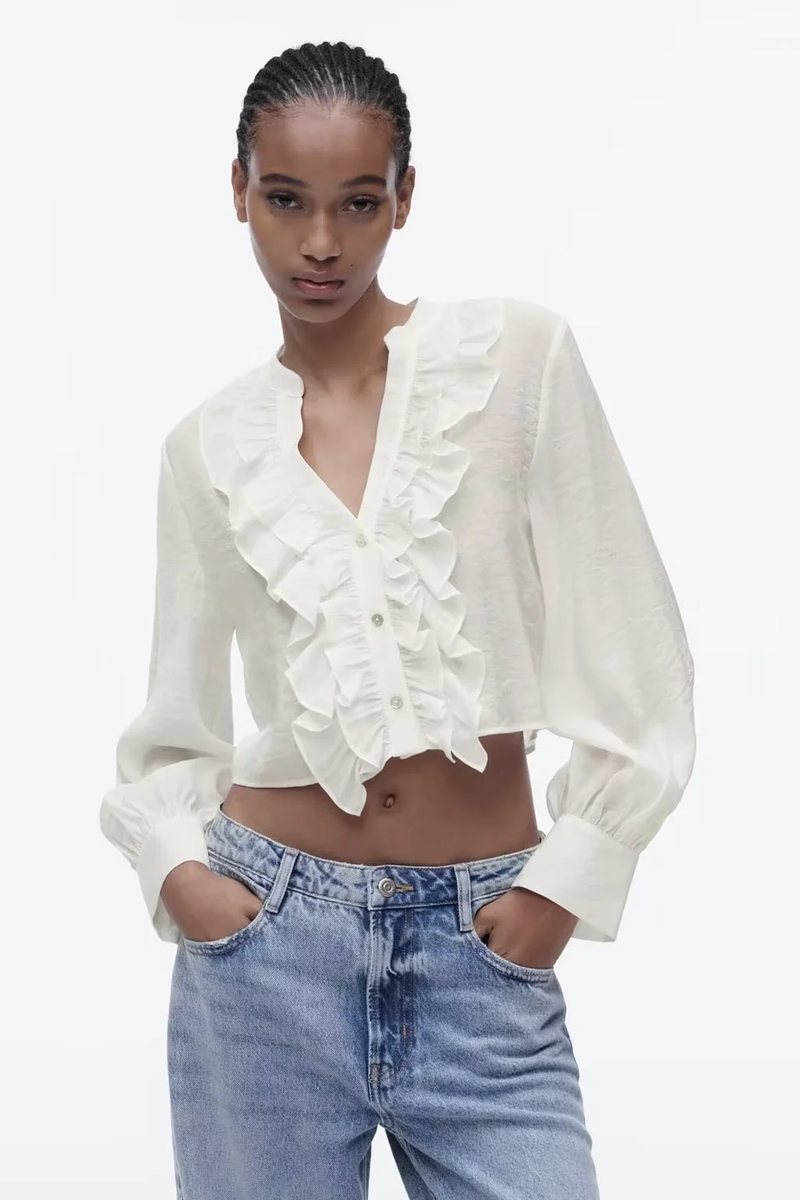 Fashion White Polyester Lace V-neck Long Sleeve Shirt,Blouses