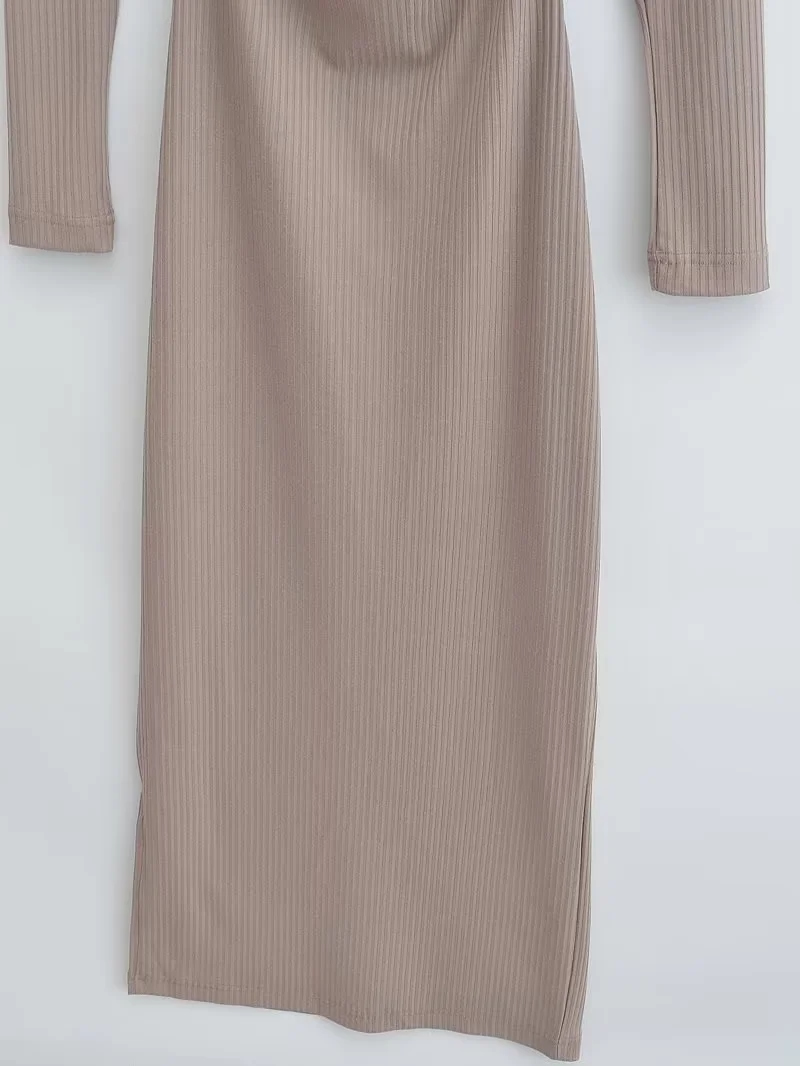 Fashion Coffee Color Polyester V-neck Tie Cutout Knit Dress,Long Dress