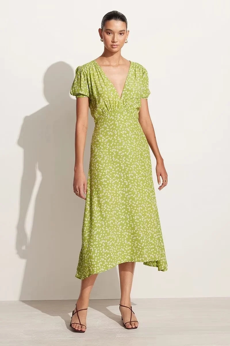 Fashion Green Polyester Printed V-neck Slit Dress,Long Dress