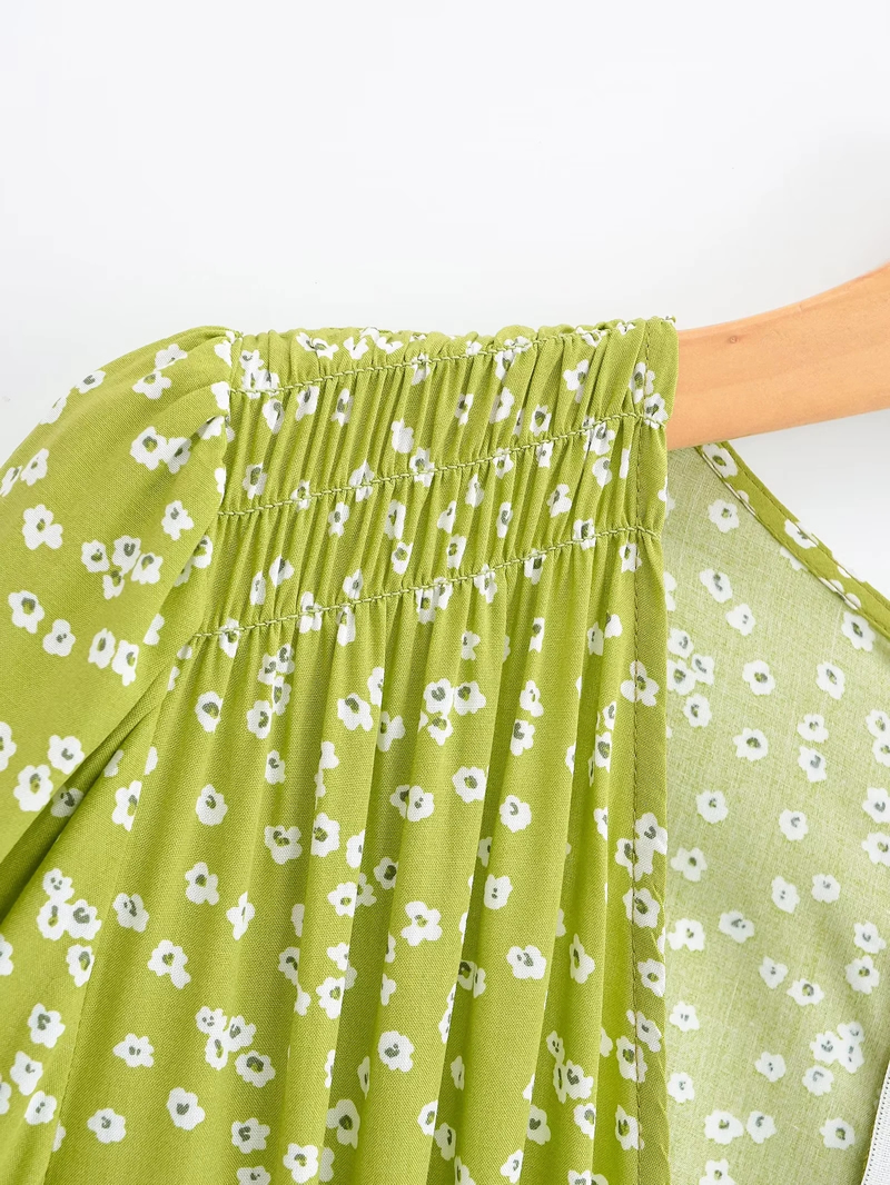Fashion Green Polyester Printed V-neck Slit Dress,Long Dress