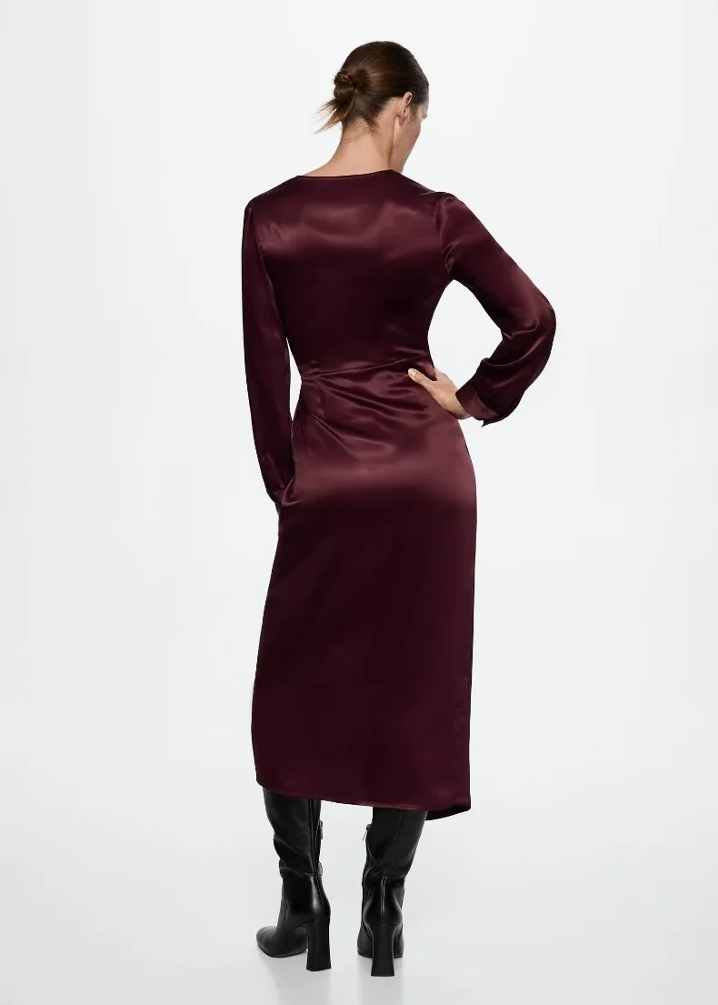 Fashion Deep Red Polyester Knotted V-neck Dress,Long Dress