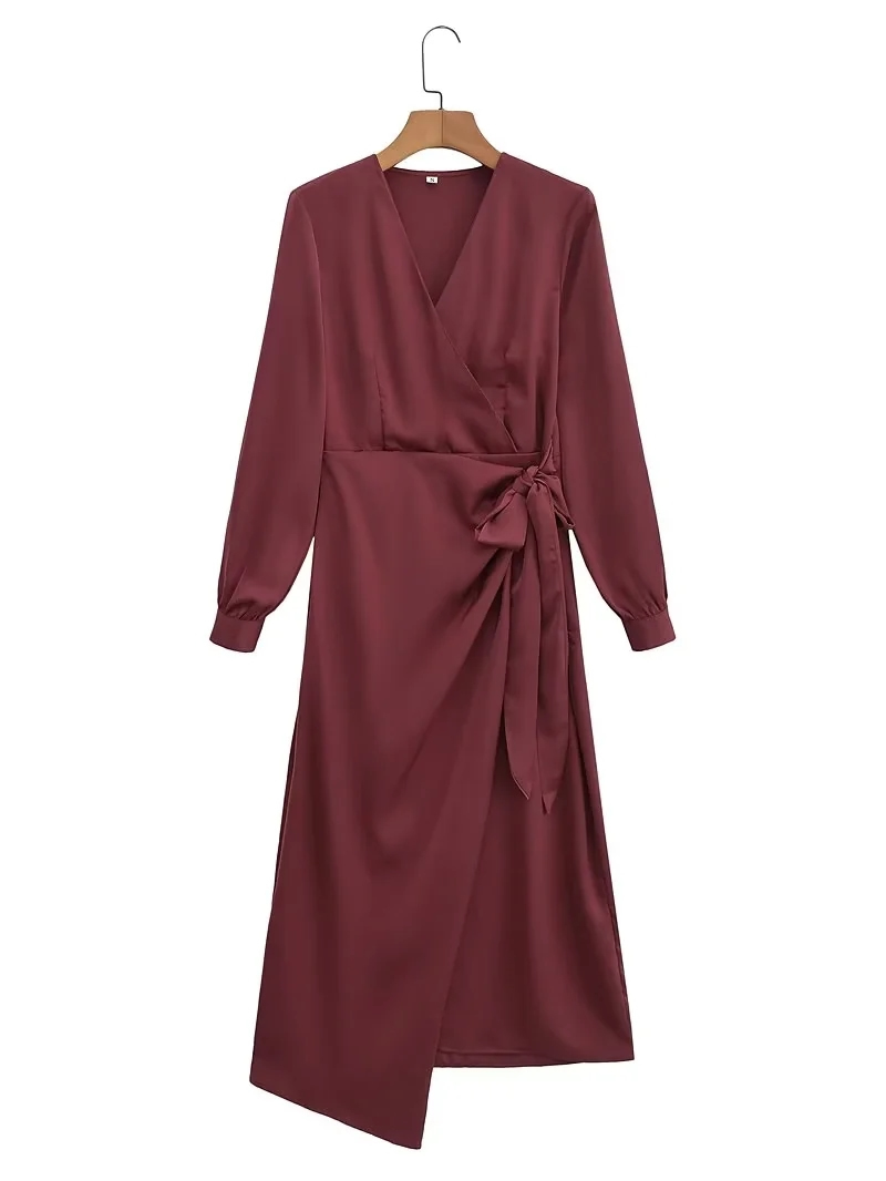 Fashion Deep Red Polyester Knotted V-neck Dress,Long Dress