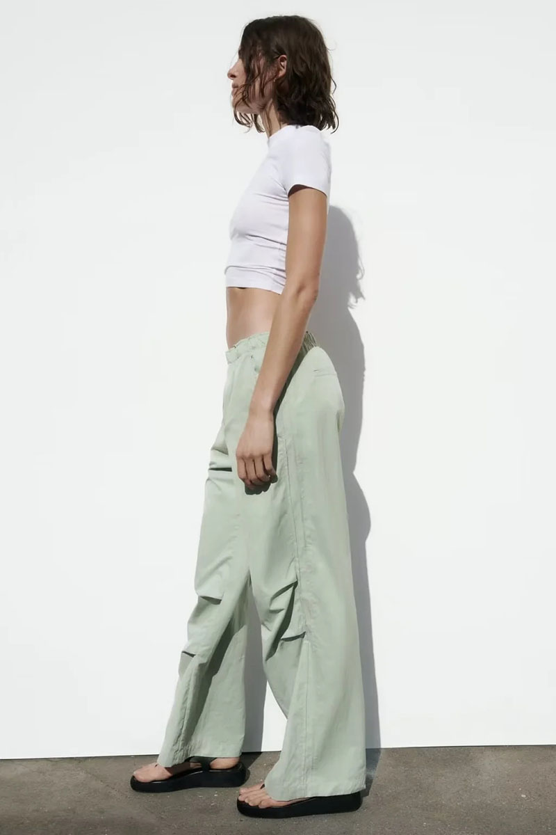 Fashion Green Nylon Micro Pleated Straight Trousers,Pants