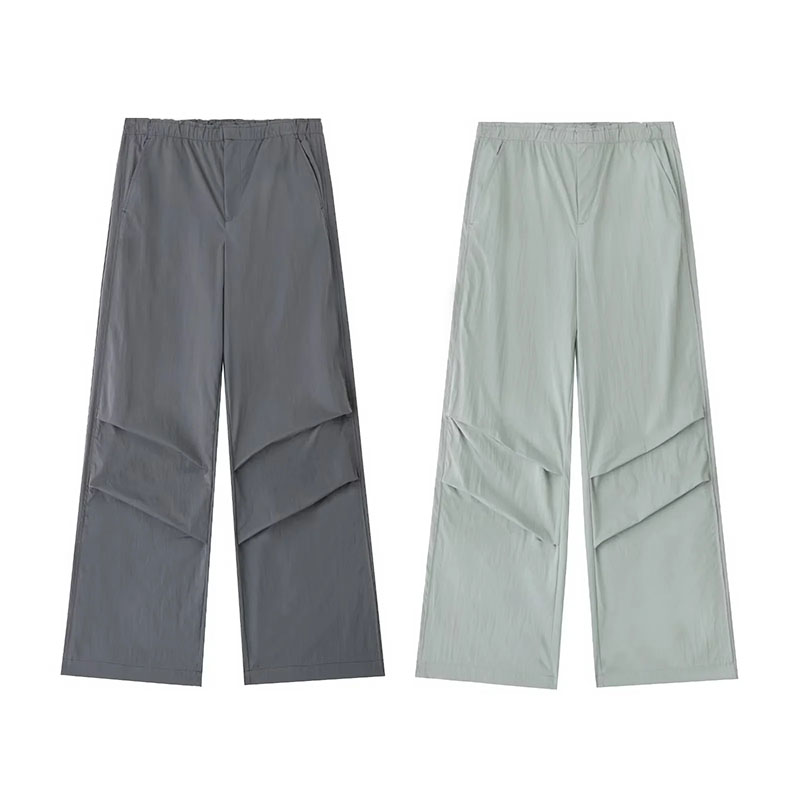 Fashion Green Nylon Micro Pleated Straight Trousers,Pants
