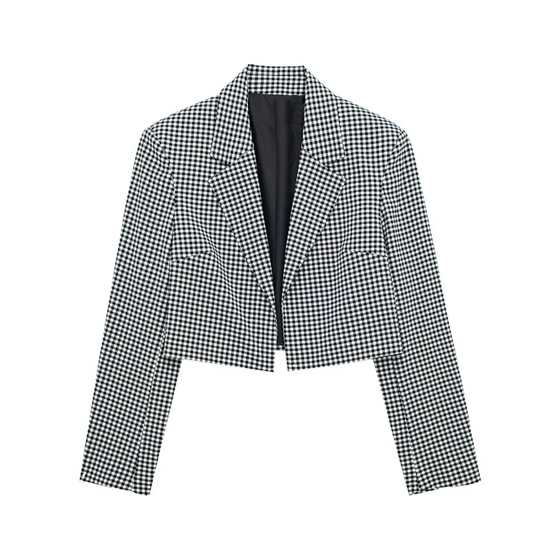 Fashion Grid Polyester Checked Lap Lapel Short Suit Jacket,Coat-Jacket