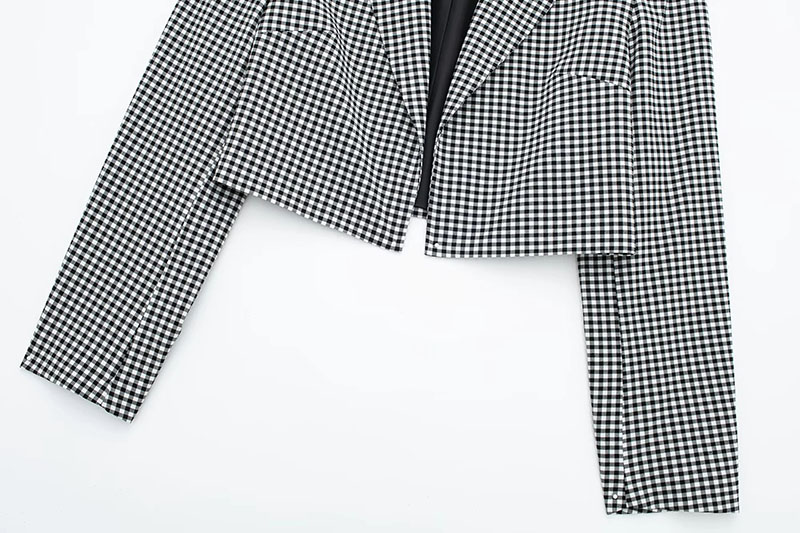 Fashion Grid Polyester Checked Lap Lapel Short Suit Jacket,Coat-Jacket