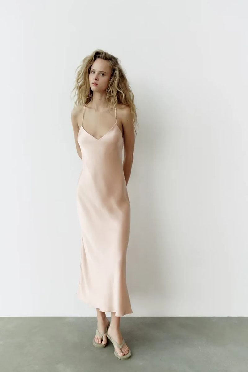 Fashion Pink Silk Satin Back Cross -camisling Skirt,Long Dress