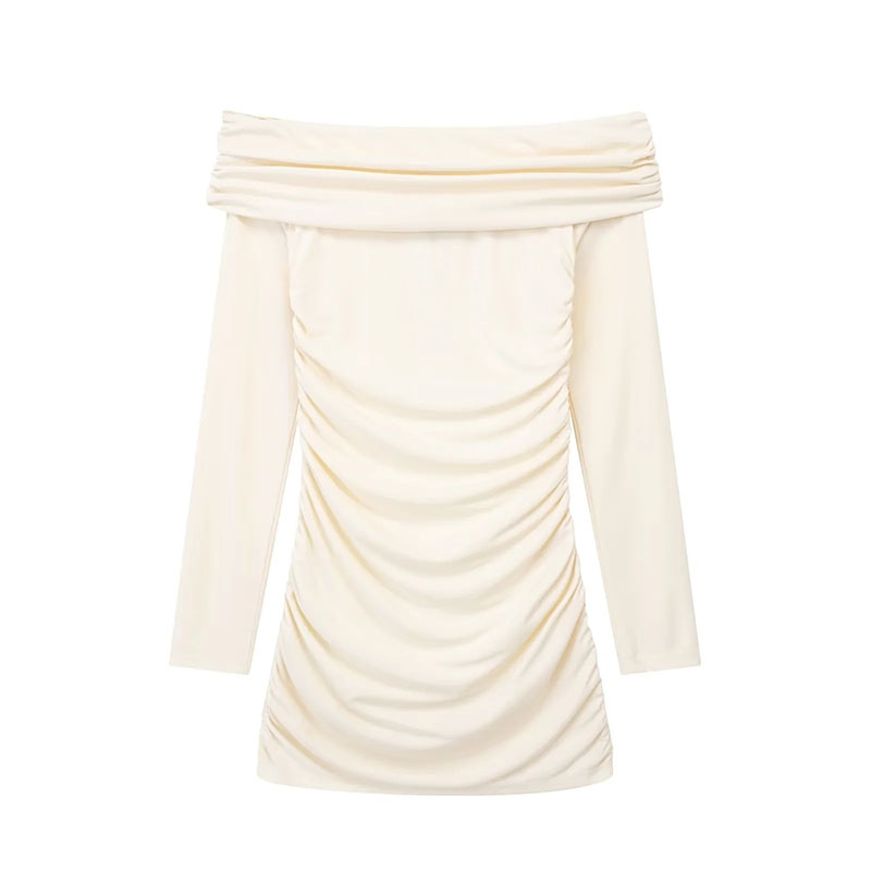 Fashion White Polyester Folds Shoulder Long -sleeved Dress,Mini & Short Dresses