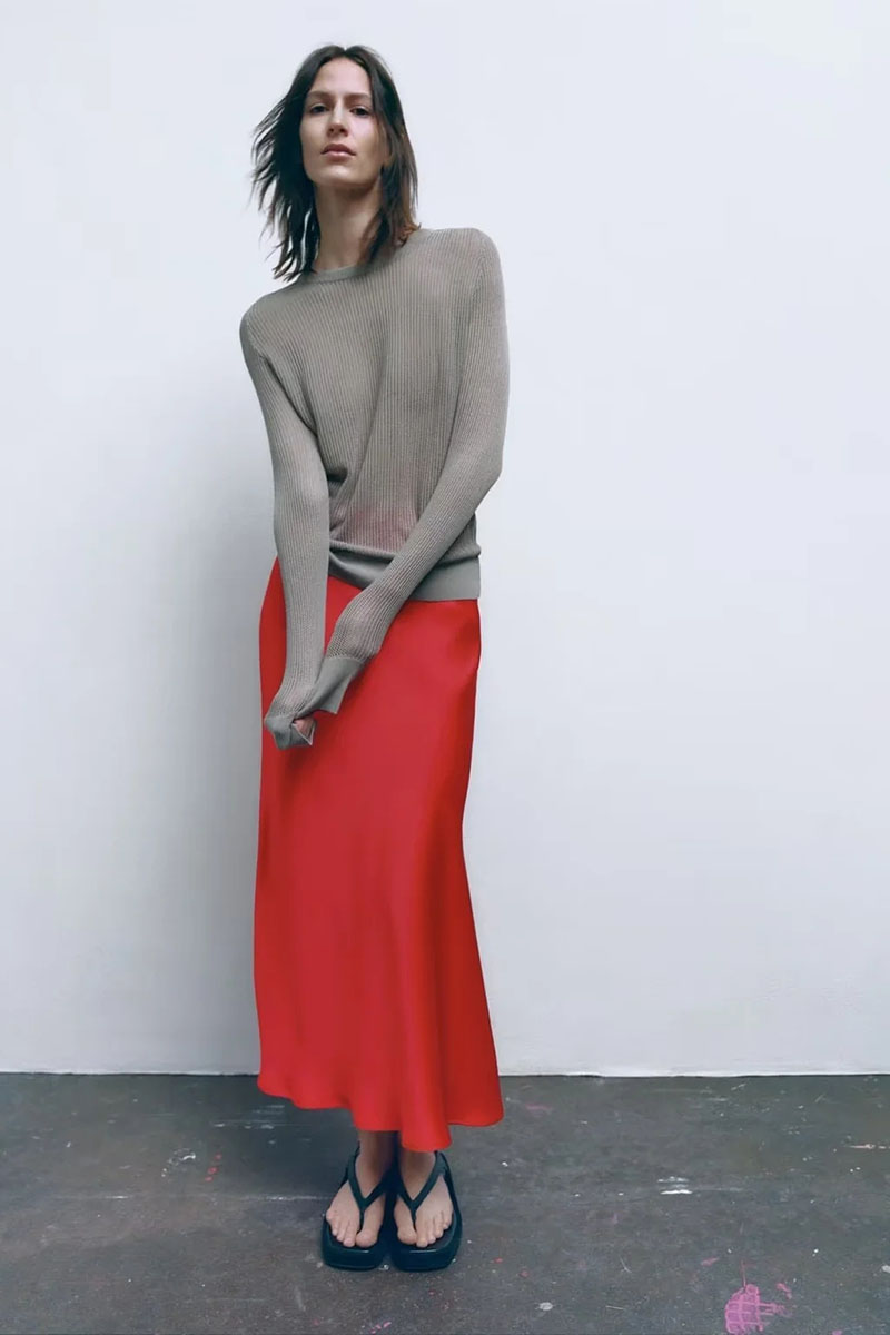 Fashion Red Silk Satin Fold Skirt,Skirts
