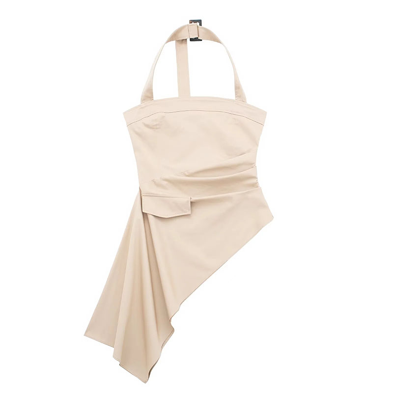 Fashion Apricot Polyesterly Hanging Neck Irregular Hem Dress,Mini & Short Dresses
