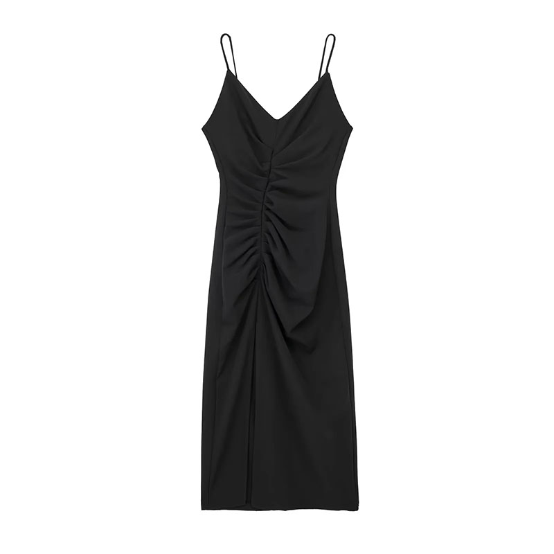 Fashion Black Polyester V -neck Drawing Camisole Skirt,Long Dress