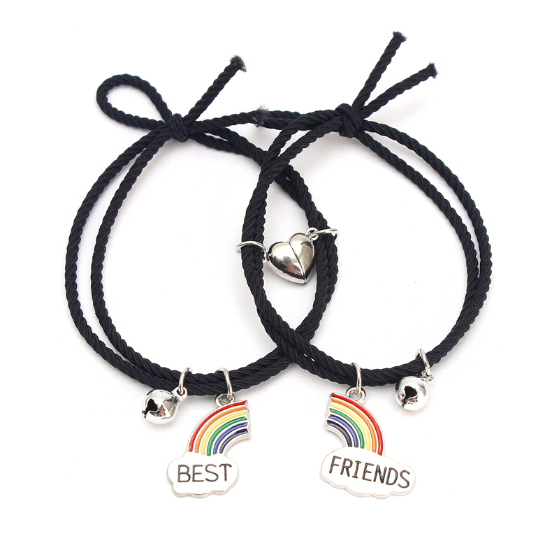 Fashion Rainbow Love Magnet Black+gray Skarb Rope A Pair Alloy Drip Oil Rainbow Magnetic Love Bracelet Suite,Bracelets Set