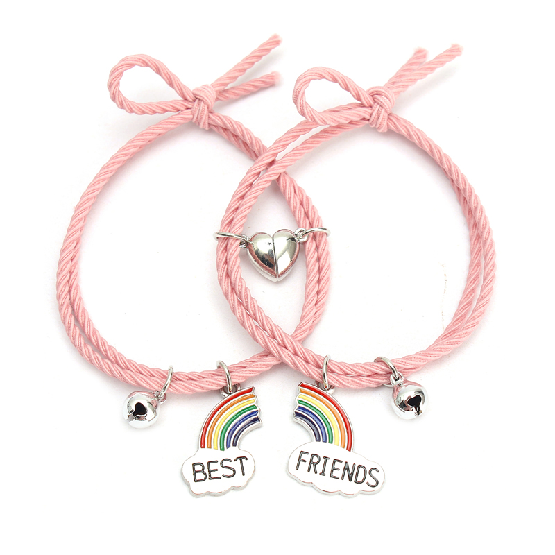 Fashion Rainbow Love Magnet Pink Sangle Rope A Pair Alloy Drip Oil Rainbow Magnetic Love Bracelet Suite,Bracelets Set