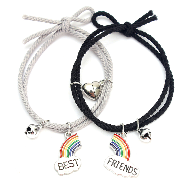 Fashion Rainbow Love Magnet Black+gray Skarb Rope A Pair Alloy Drip Oil Rainbow Magnetic Love Bracelet Suite,Bracelets Set