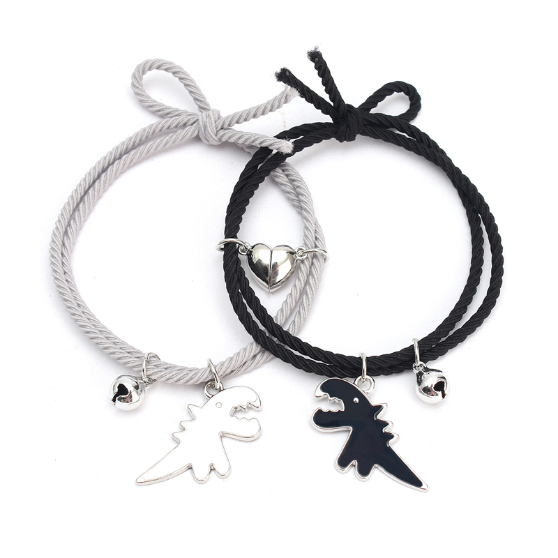 Fashion Black And White Dinosaur Rubber Band Black And Gray Pair Alloy Drip Oil Dinosaur Magnetic Love Bracelet Suite,Bracelets Set
