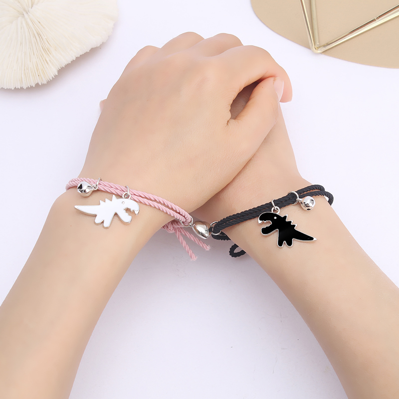 Fashion Black And White Dinosaur Skin Rope Pink Pair Alloy Drip Oil Dinosaur Magnetic Love Bracelet Suite,Bracelets Set
