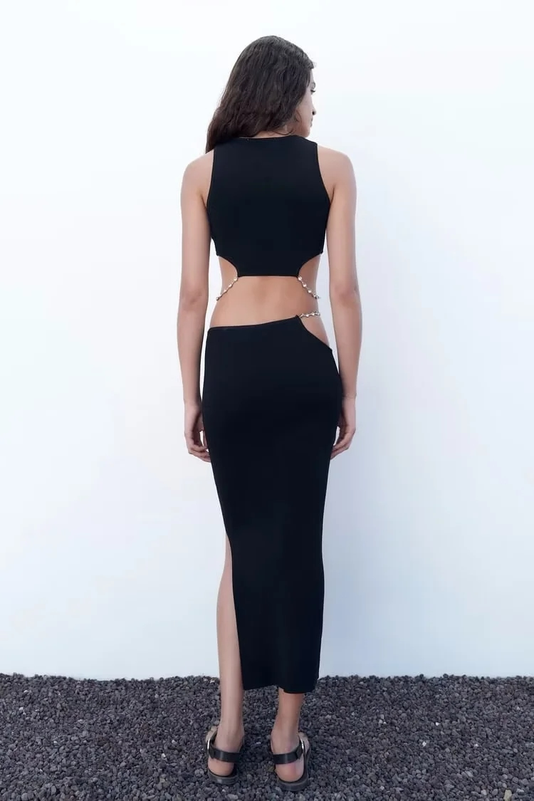 Fashion Black Pure Color Knitted Shoulder Camisole Skirt,Long Dress