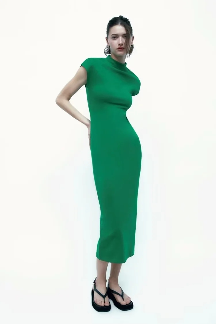 Fashion Green Cotton Stand -up Collar Dress,Long Dress
