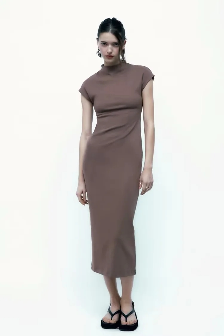 Fashion Coffee Cotton Stand -up Collar Dress,Long Dress
