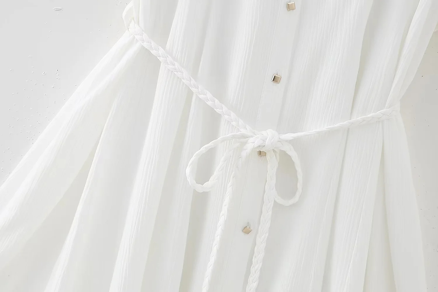 Fashion White Sweet -woven V -neck Buckle Tie Dress,Long Dress