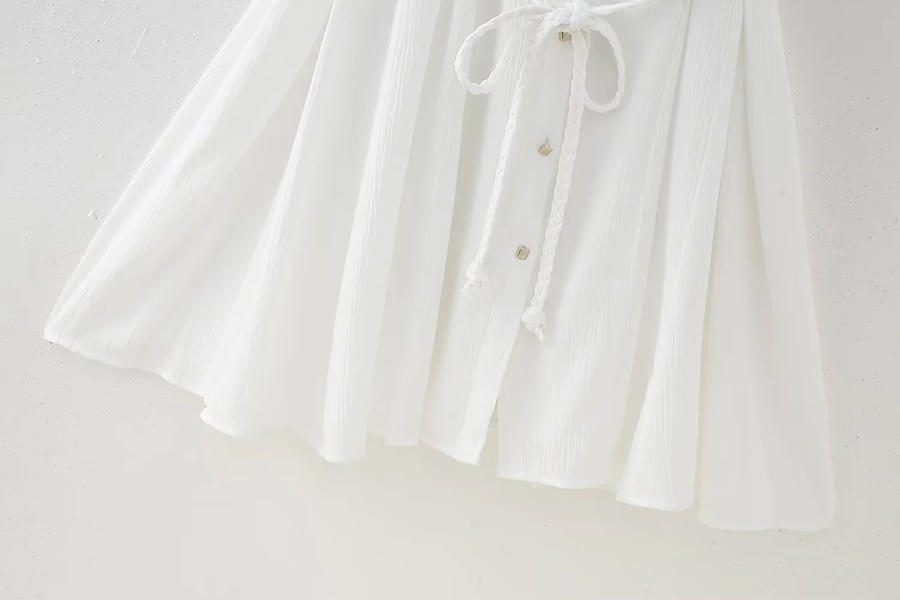 Fashion White Sweet -woven V -neck Buckle Tie Dress,Long Dress