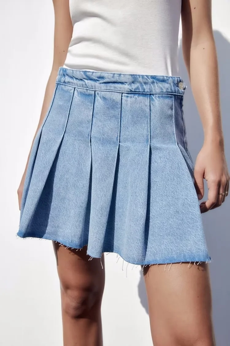 Fashion Deep Blue Wide Pleated Denim Skirt,Skirts