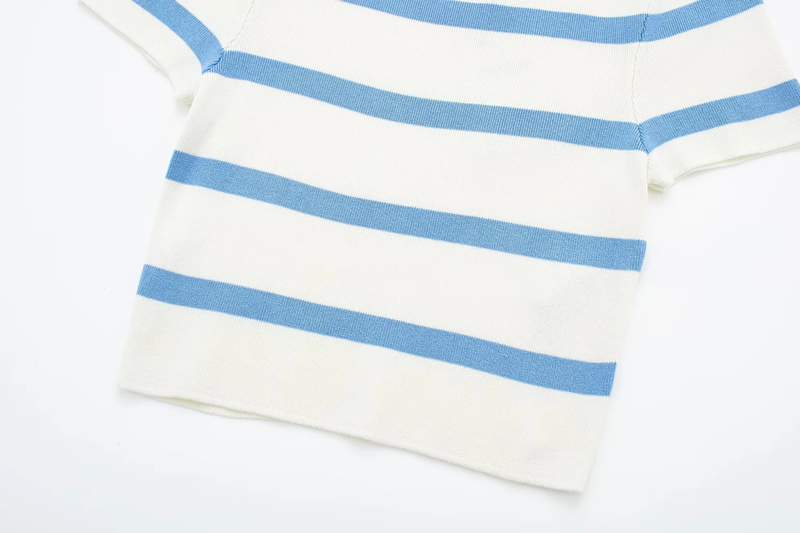 Fashion Blue Pure Color Knitted Striped Round Neck Short Sleeves,Hair Crown