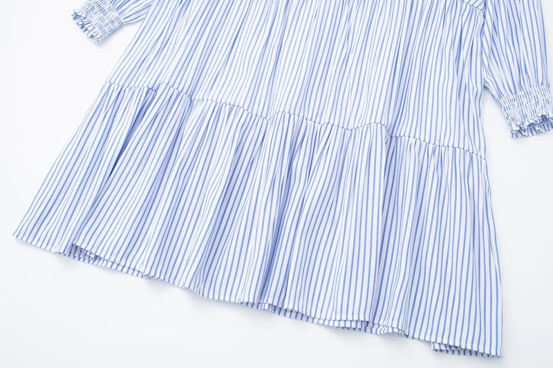 Fashion Blue Blended Striped Lapel Dress,Long Dress
