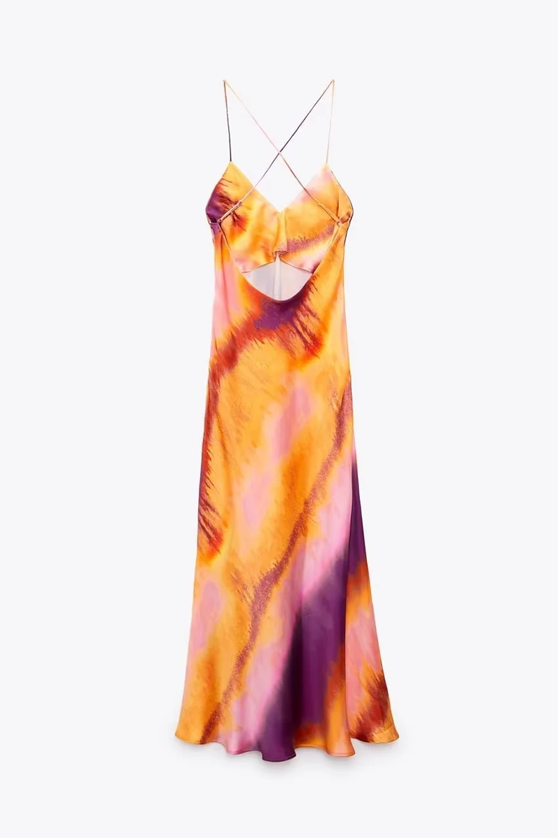 Fashion Color Silk Satin Tie Dye Back -to -back Sling Skirt,Long Dress