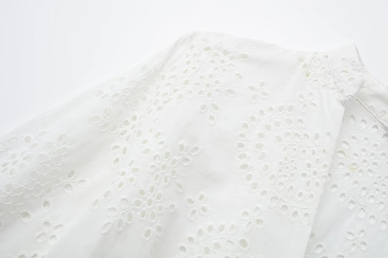 Fashion White Cotton Hollow Embroidery V -neck Dress,Long Dress