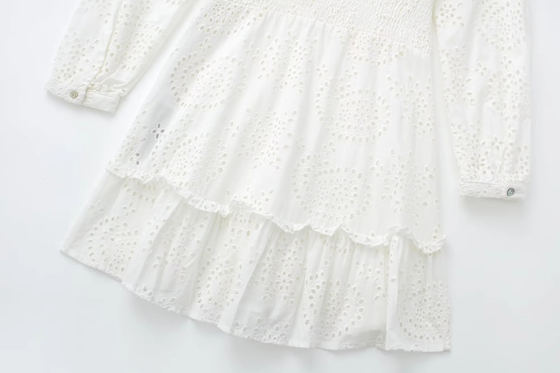 Fashion White Cotton Hollow Embroidery V -neck Dress,Long Dress