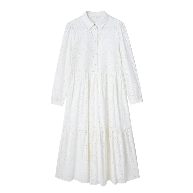 Fashion White Hollow Embroidery Dress,Long Dress