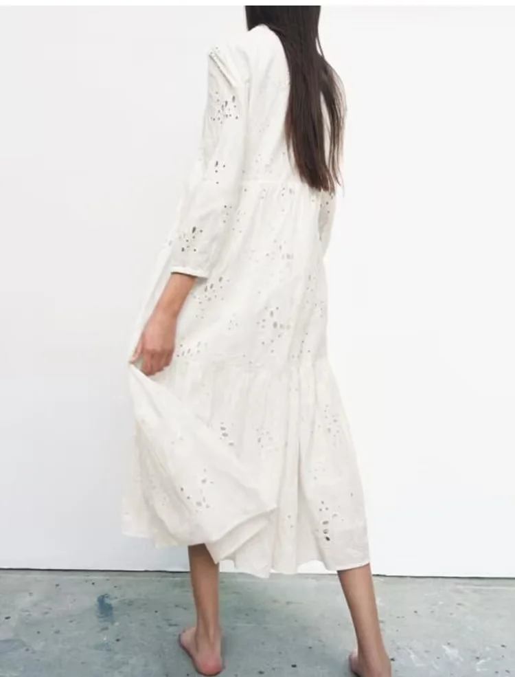 Fashion White Cotton Embroidery Buckle Dress,Long Dress