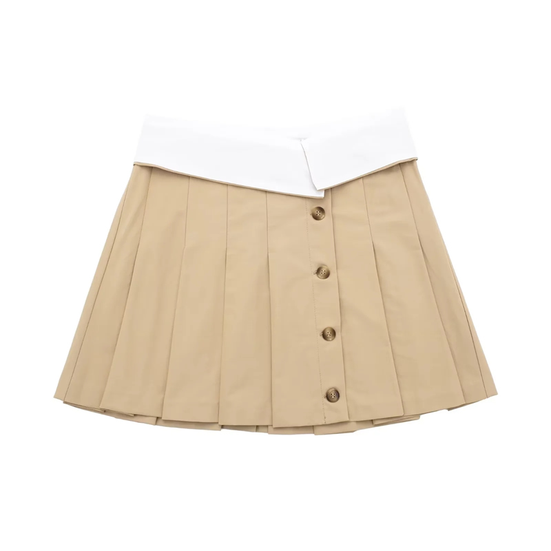 Fashion Khaki Blending Rolling Ribs Buckle Pleated Skirt,Skirts